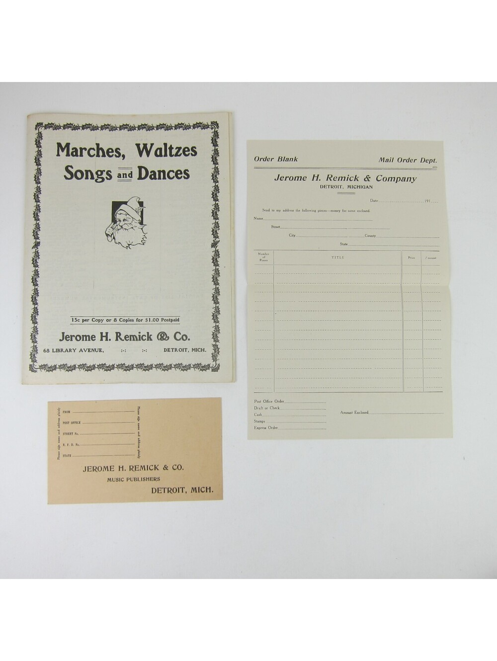 Sheet Music 1913 Jerome H. Remick & Co Catalog Order Form & Envelope Antique